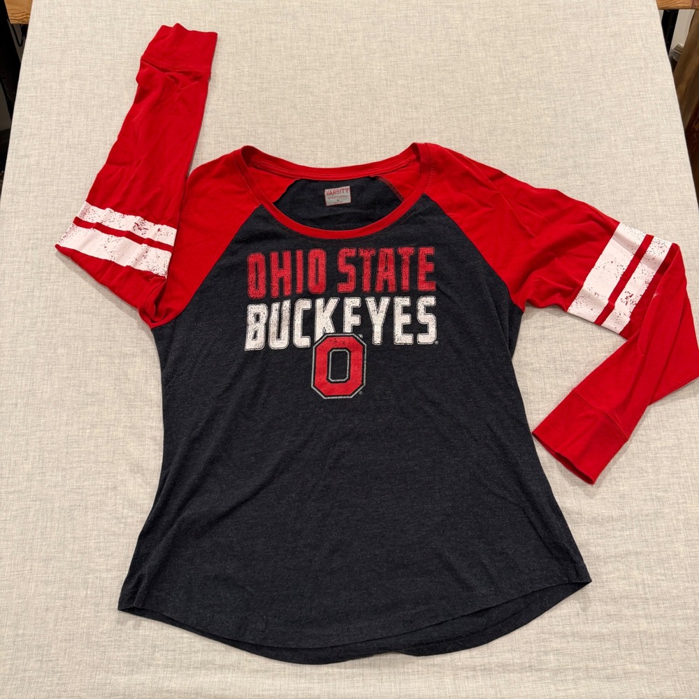 Ohio State Buckeyes Womens XL Varsity Raglan Long Sleeve Tee Red Charcoal Gray